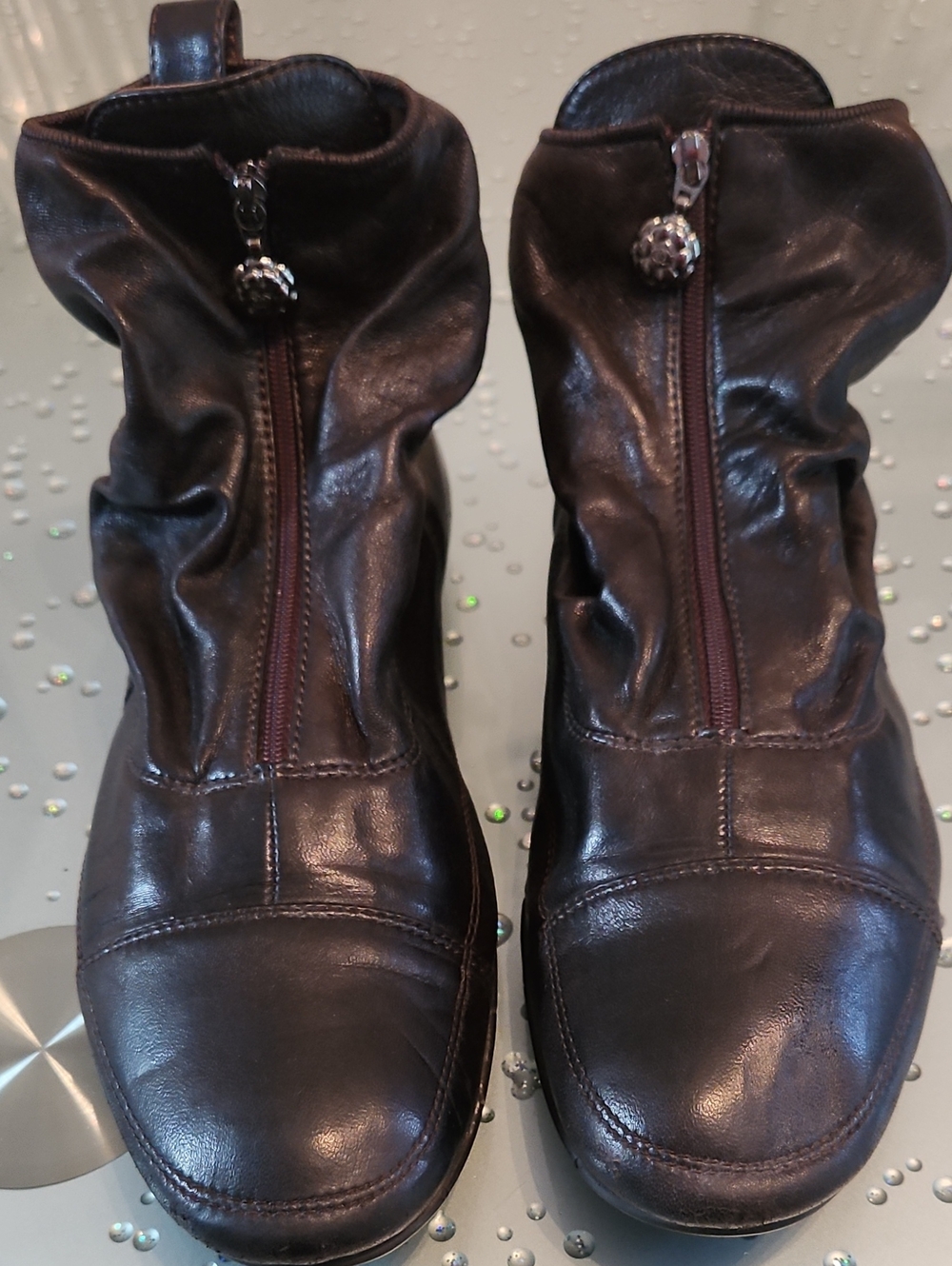 CHANEL Dark Brown Leather Zip Front Slouch Ankle Booties